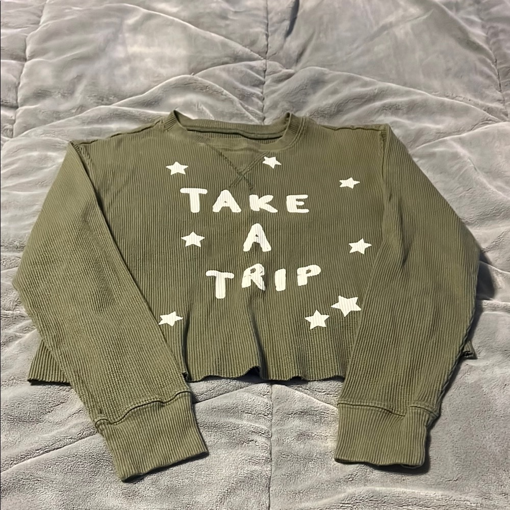 Olive Green 'Take A Trip' Cropped Sweatshirt